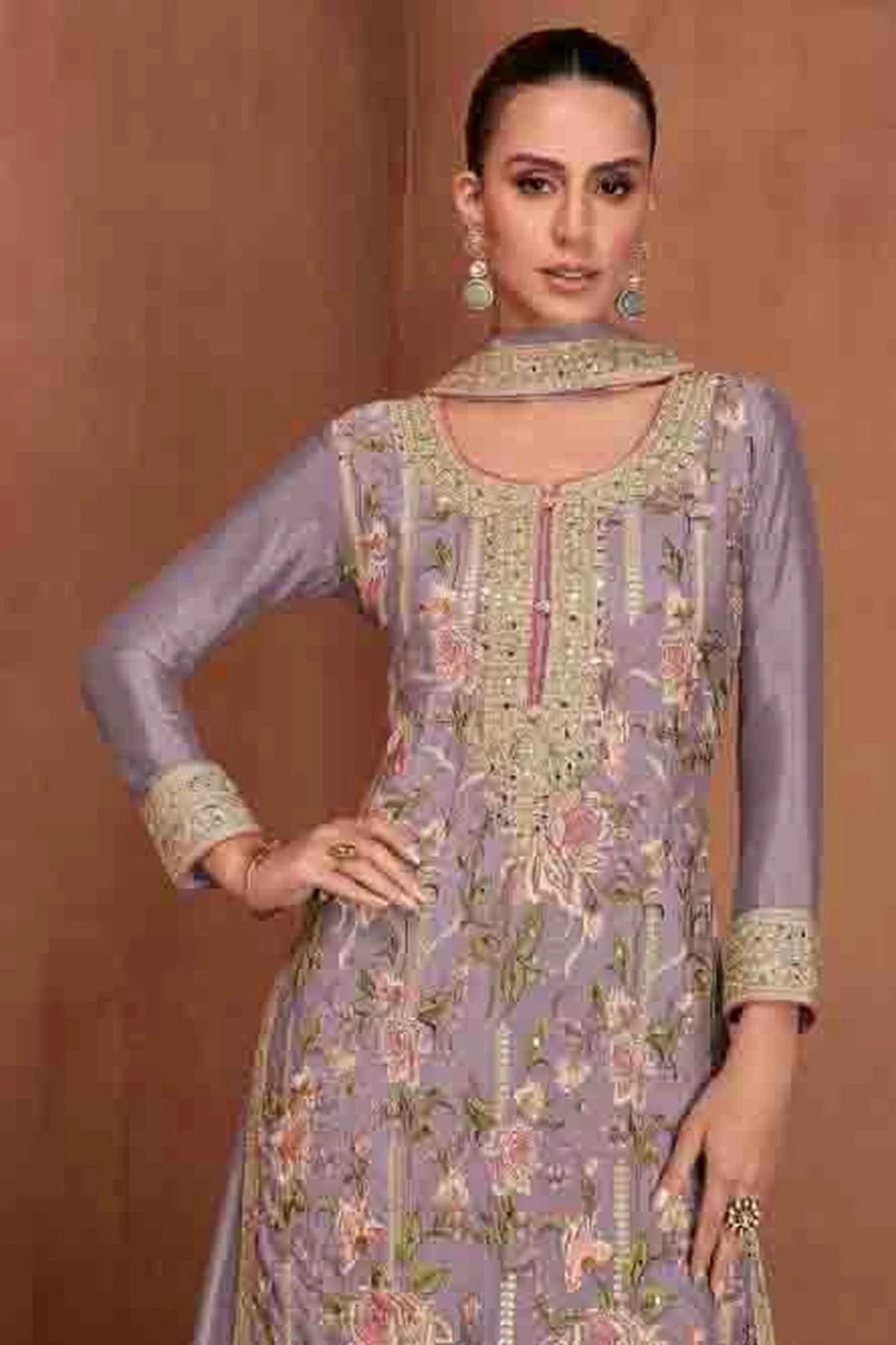 Lavender Colour Semi Stitched Chinon Palazzo Pant Suit SM1140653 A