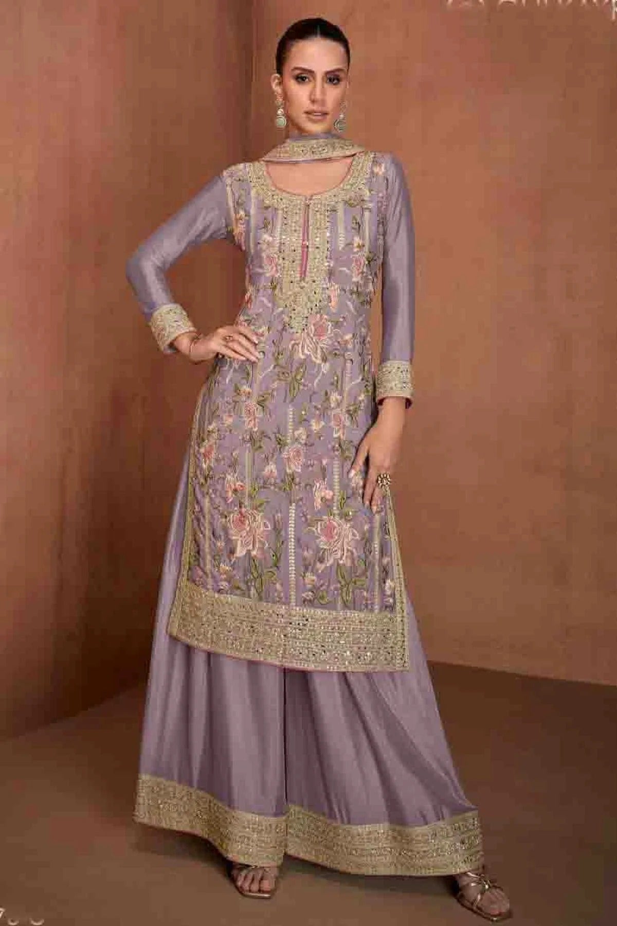 Lavender Colour Semi Stitched Chinon Palazzo Pant Suit SM1140653