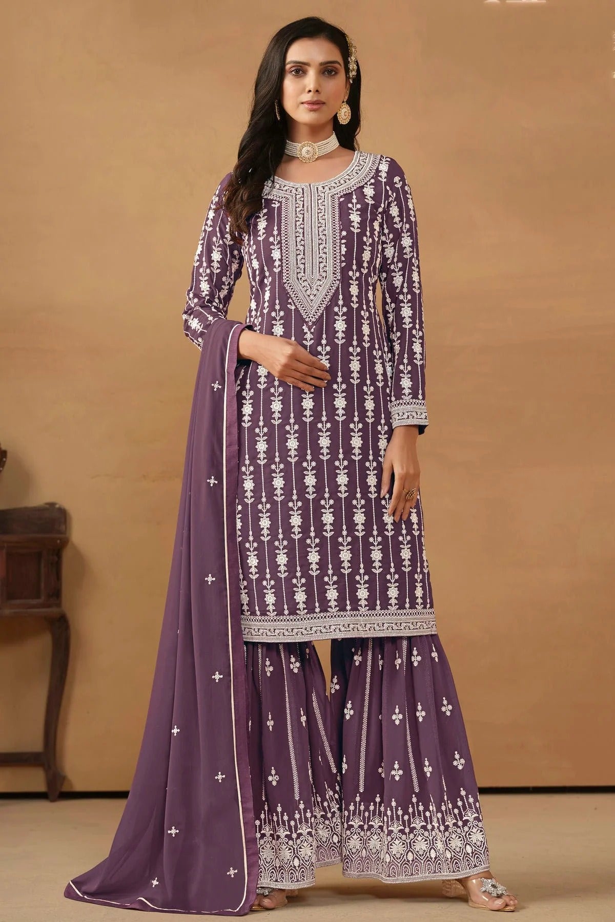 Lavender Colour Semi Stitched Faux Georgette Sharara Suit SM1050454