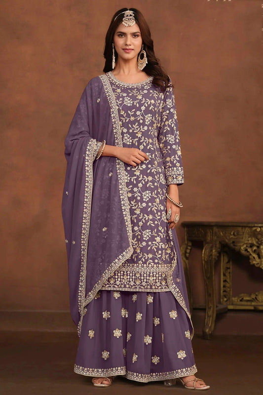 Lavender Colour Semi Stitched Faux Georgette Sharara Suit SM1050466