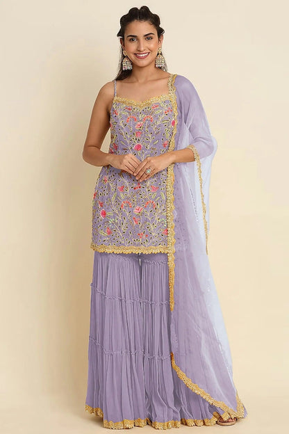 Lavender Colour Semi Stitched Faux Georgette Sharara Suit SM1140166