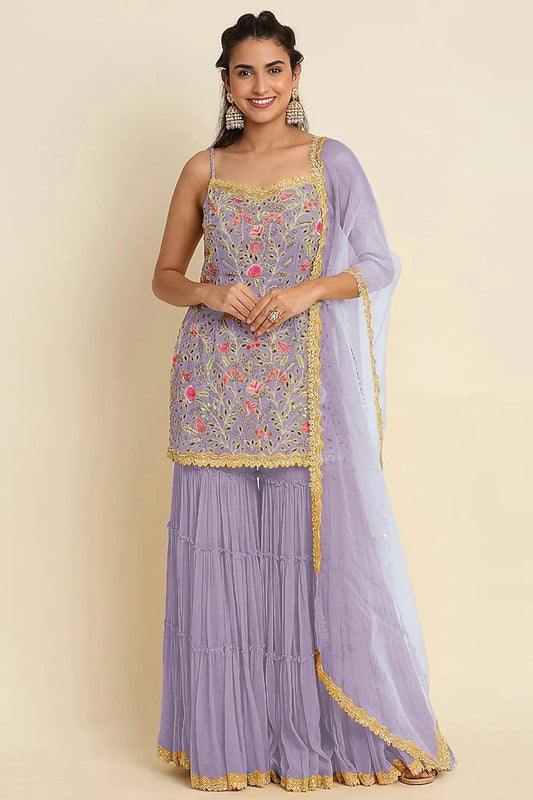 Lavender Colour Semi Stitched Faux Georgette Sharara Suit SM1140166
