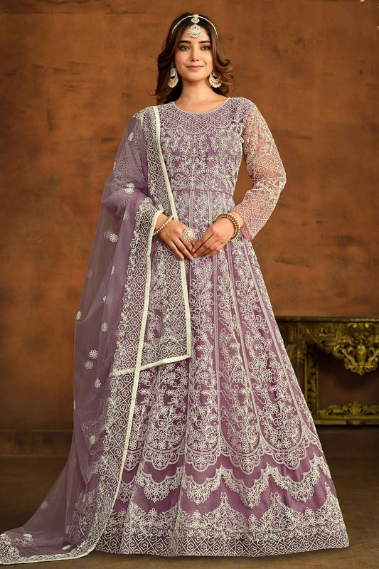 Lavender Colour Semi Stitched Net Anarkali Suit SM1050441