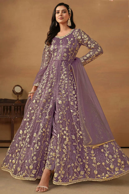 Lavender Colour Semi Stitched Net Pant Style Suit SM1050471