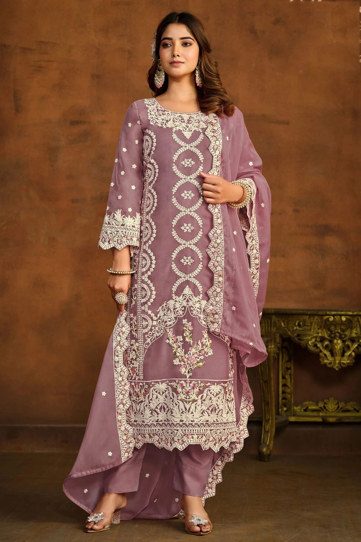 Lavender Colour Semi Stitched Organza Pant Style Suit SM1050433 A