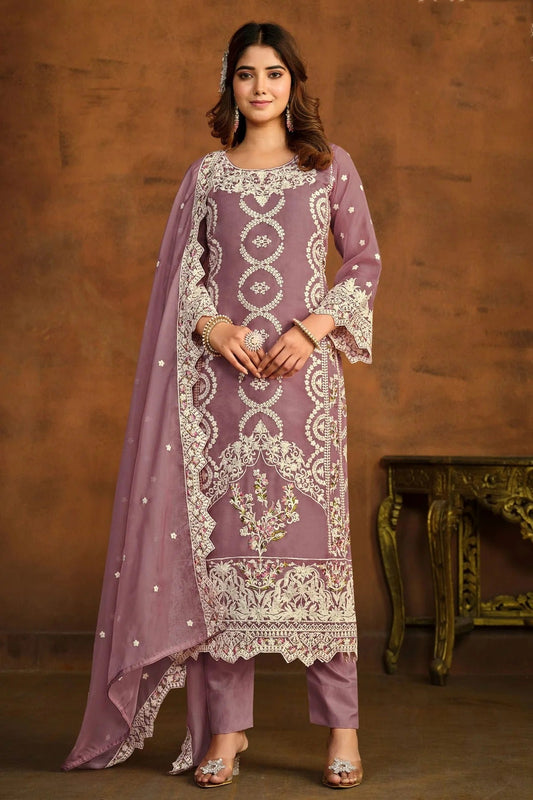 Lavender Colour Semi Stitched Organza Pant Style Suit SM1050433