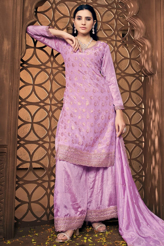Lavender Colour Semi Stitched Viscose Chinon Palazzo Pant Suit SM1140292