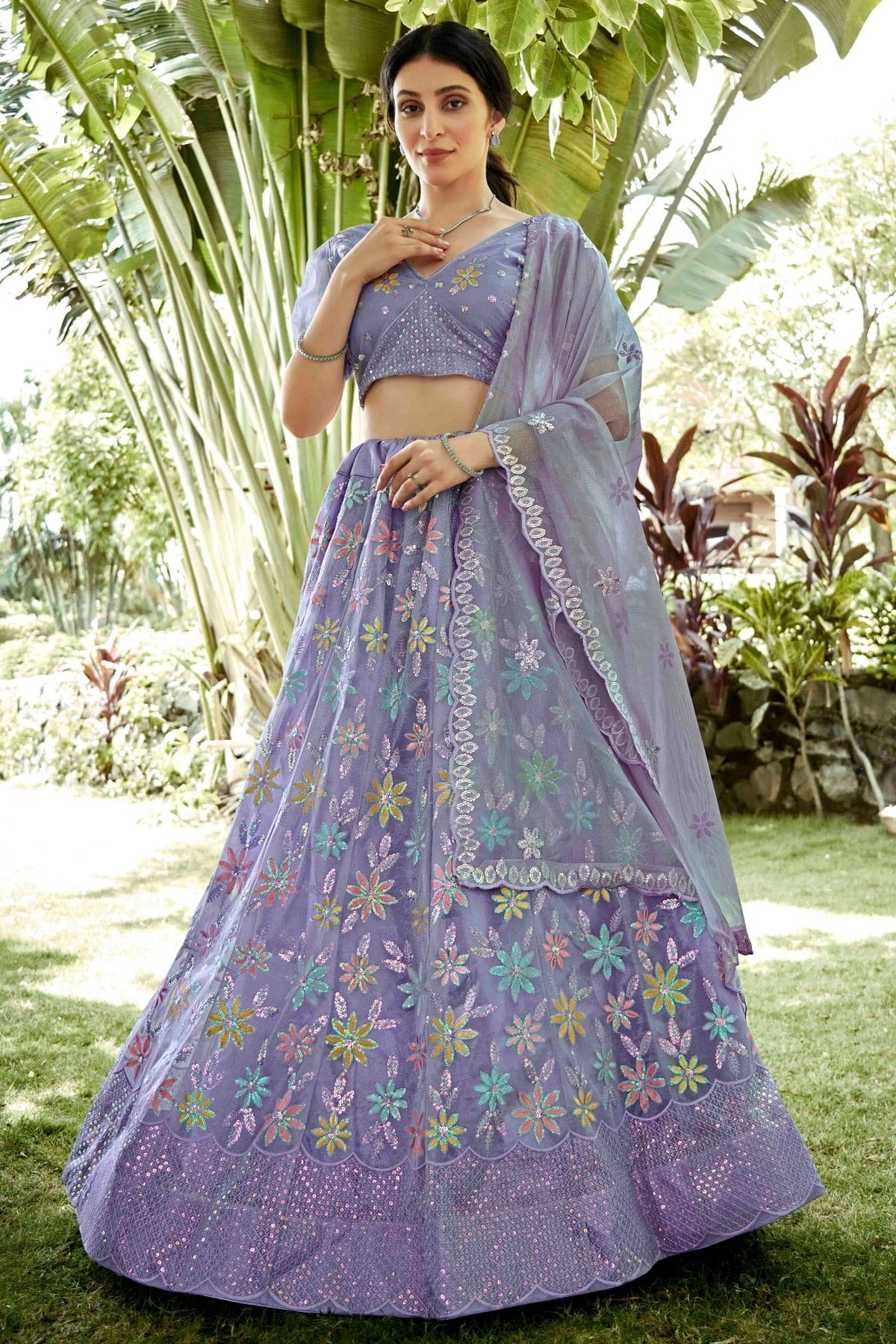 Lavender Colour Silk Net Semi Stitched Lehenga Choli LC1170083