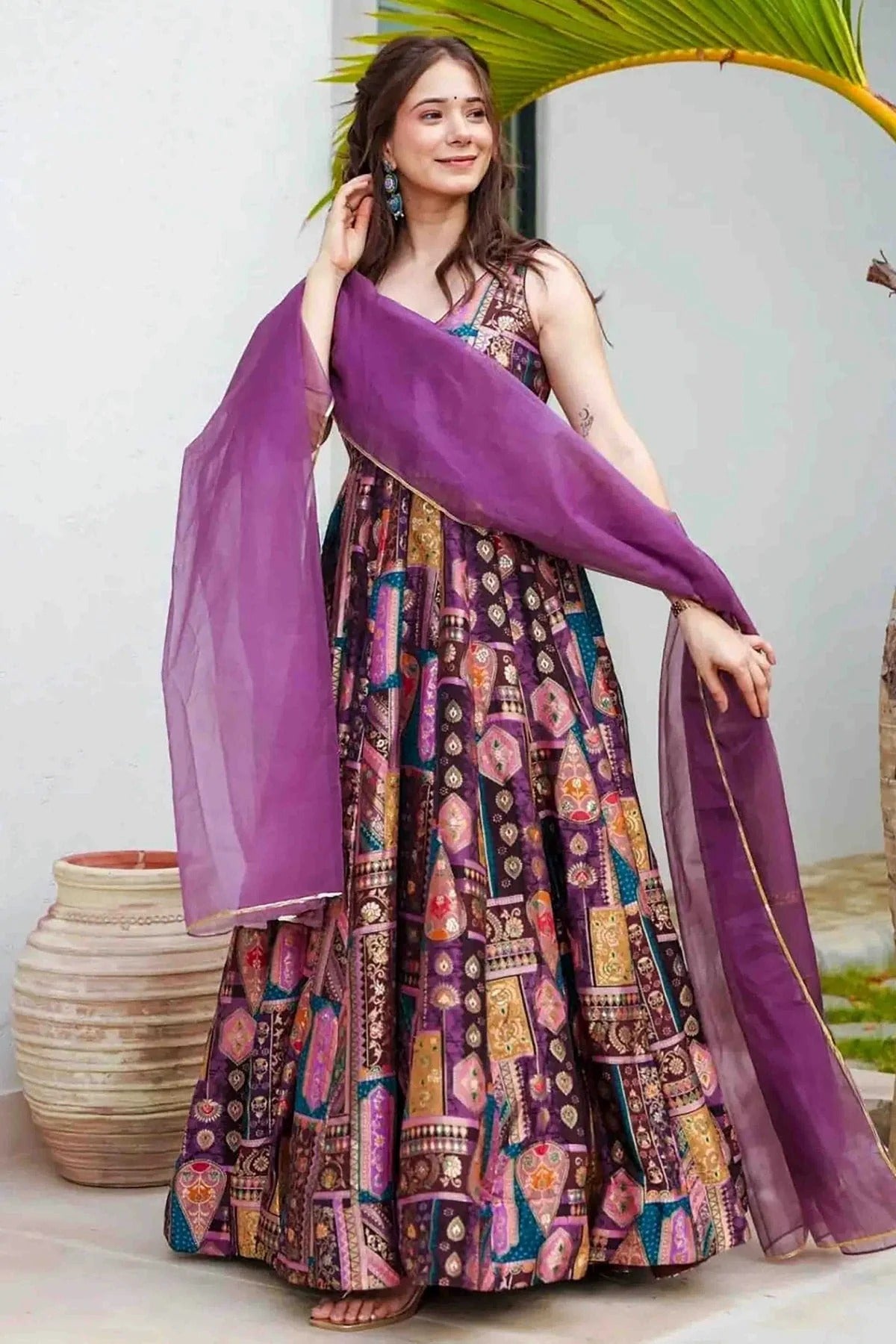 Lavender Colour Silk Stitched Gown GW1113007