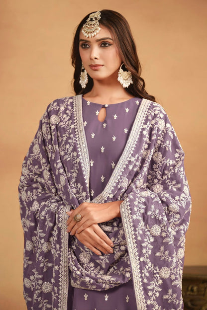 Lavender Colour Straight Suit Faux Georgette Semi Stitched SM1050486 A