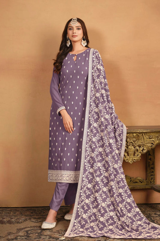 Lavender Colour Straight Suit Faux Georgette Semi Stitched SM1050486