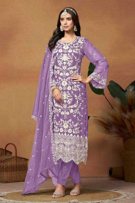 Lavender Colour Straight Suit Soft Organza Semi Stitched SM1050500