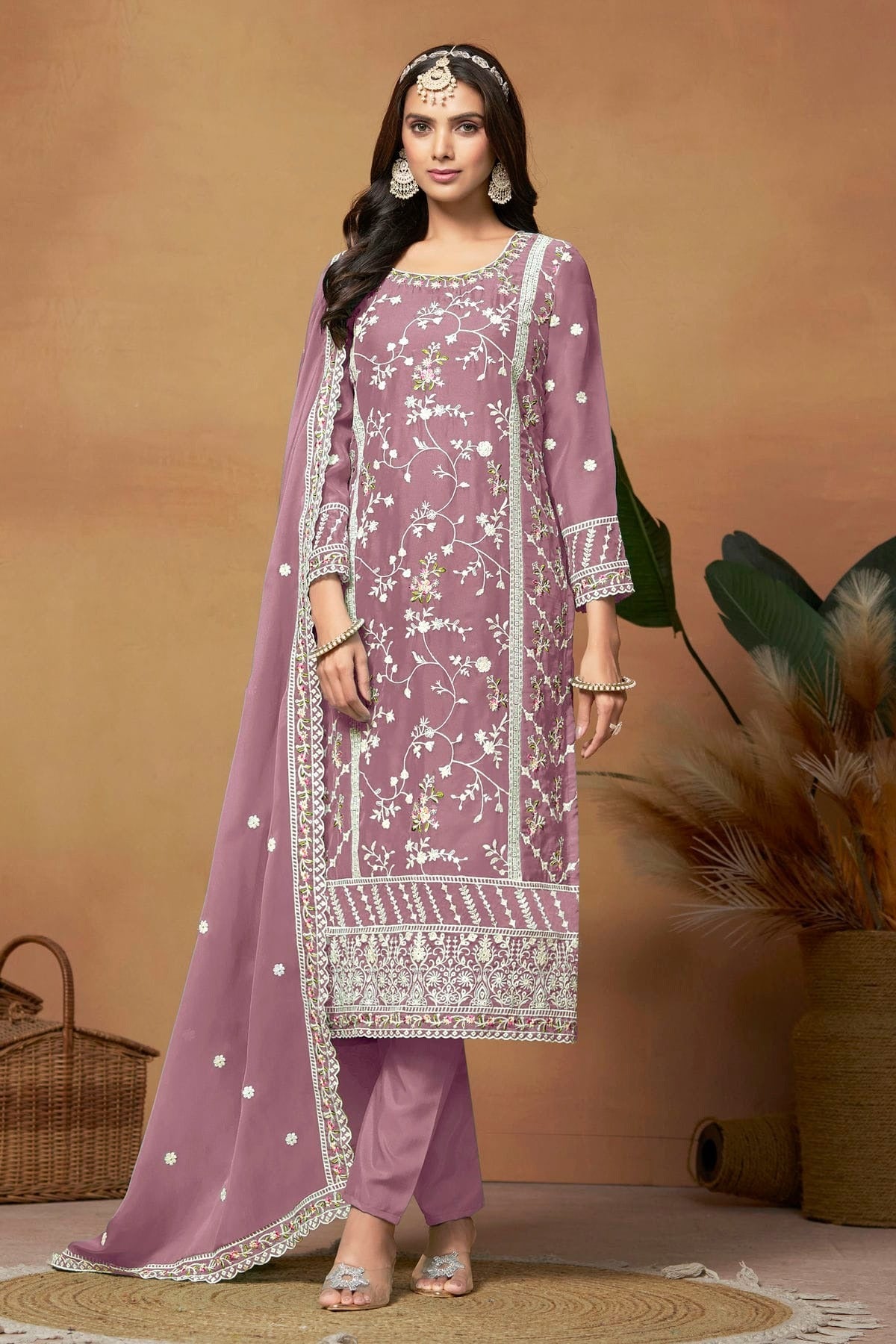 Lavender Colour Straight Suit Soft Organza Semi Stitched SM1050537