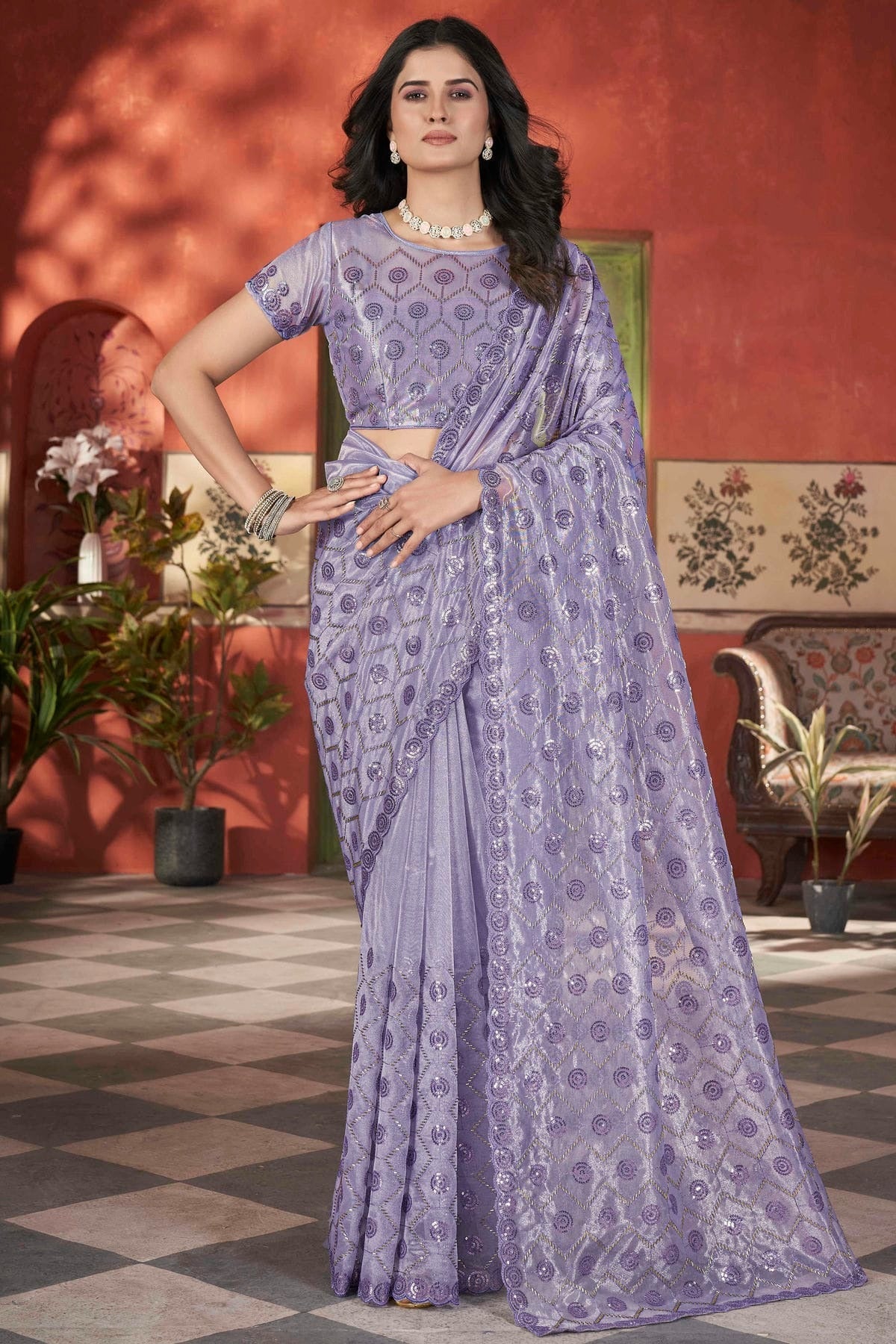 Lavender Colour Tissue Net Designer Saree SD1112568