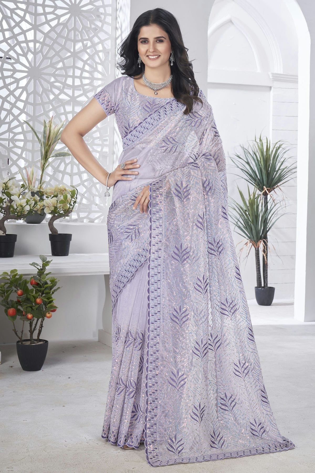 Lavender Colour Tissue Net Designer Saree SD1112577