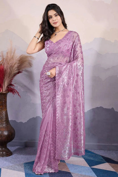 Lavender Colour Twill Net Sequins Work Saree SD1290044