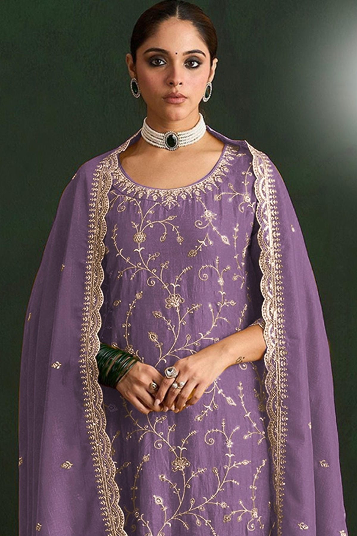 Lavender Colour Vichitra Silk Embroidery Work Pant Style Suit