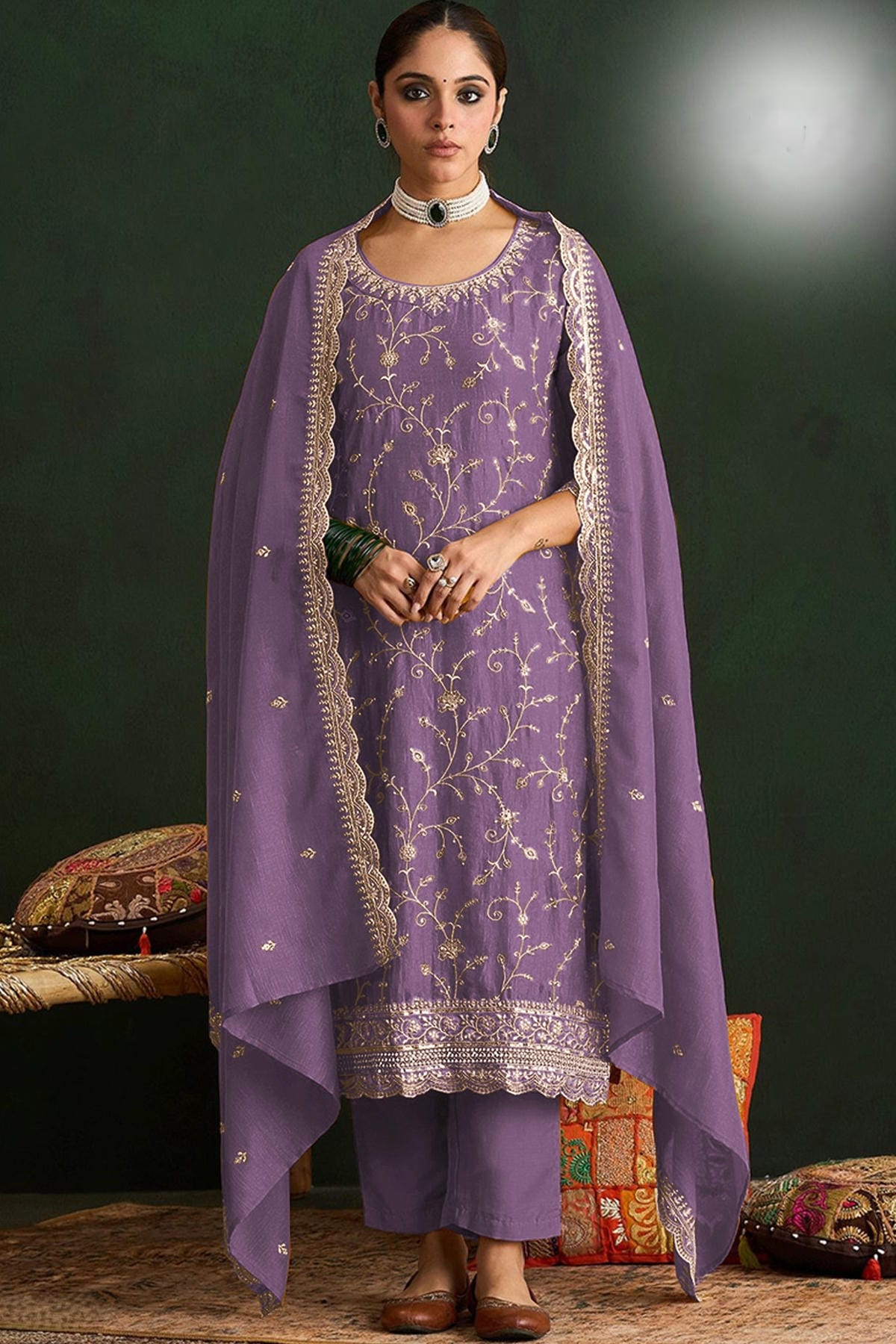 Lavender Colour Vichitra Silk Embroidery Work Pant Style Suit
