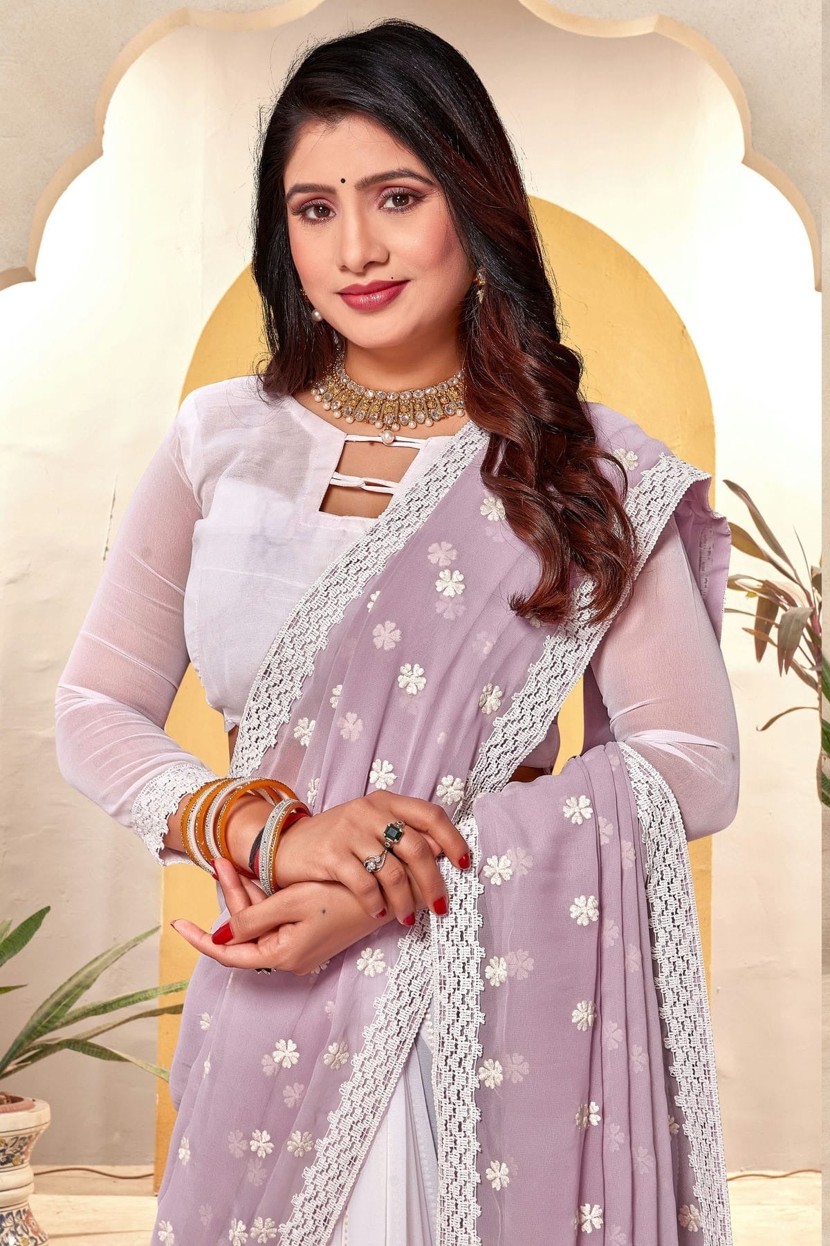 Lavender and White Colour Georgette Half N Half Saree SD1091059 A