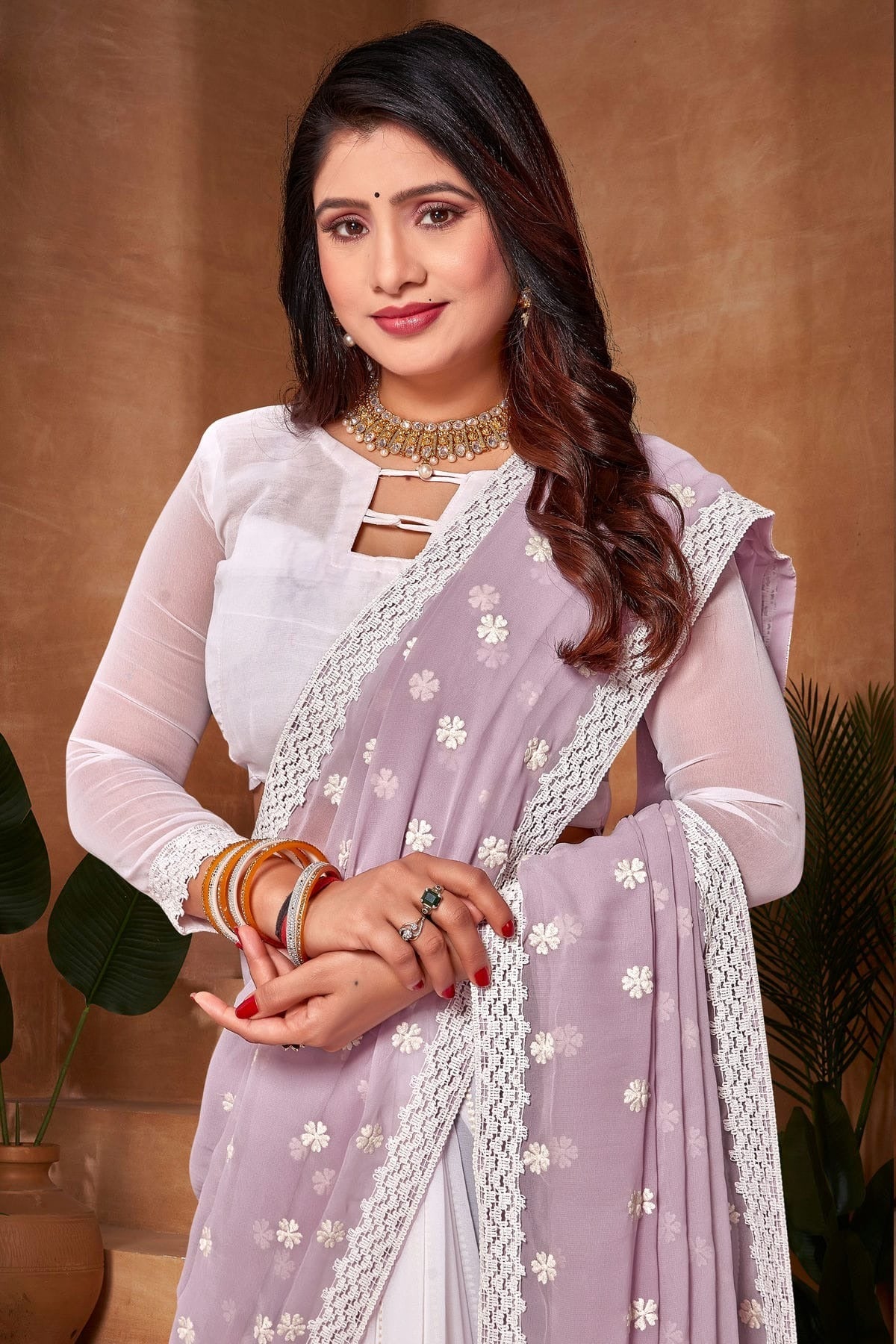 Lavender and White Colour Georgette Half N Half Saree SD1091187 A