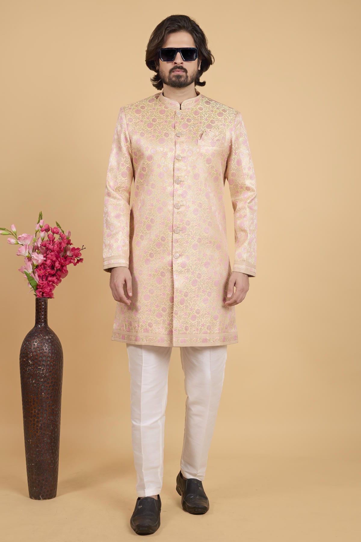 Lemon Colour Art Silk Pintux Work Semi Indo Western Sherwani