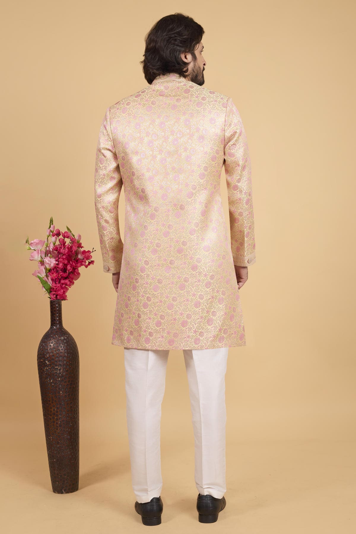 Lemon Colour Art Silk Pintux Work Semi Indo Western Sherwani