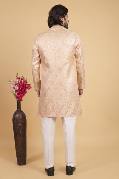Lemon Colour Art Silk Pintux Work Semi Indo Western Sherwani