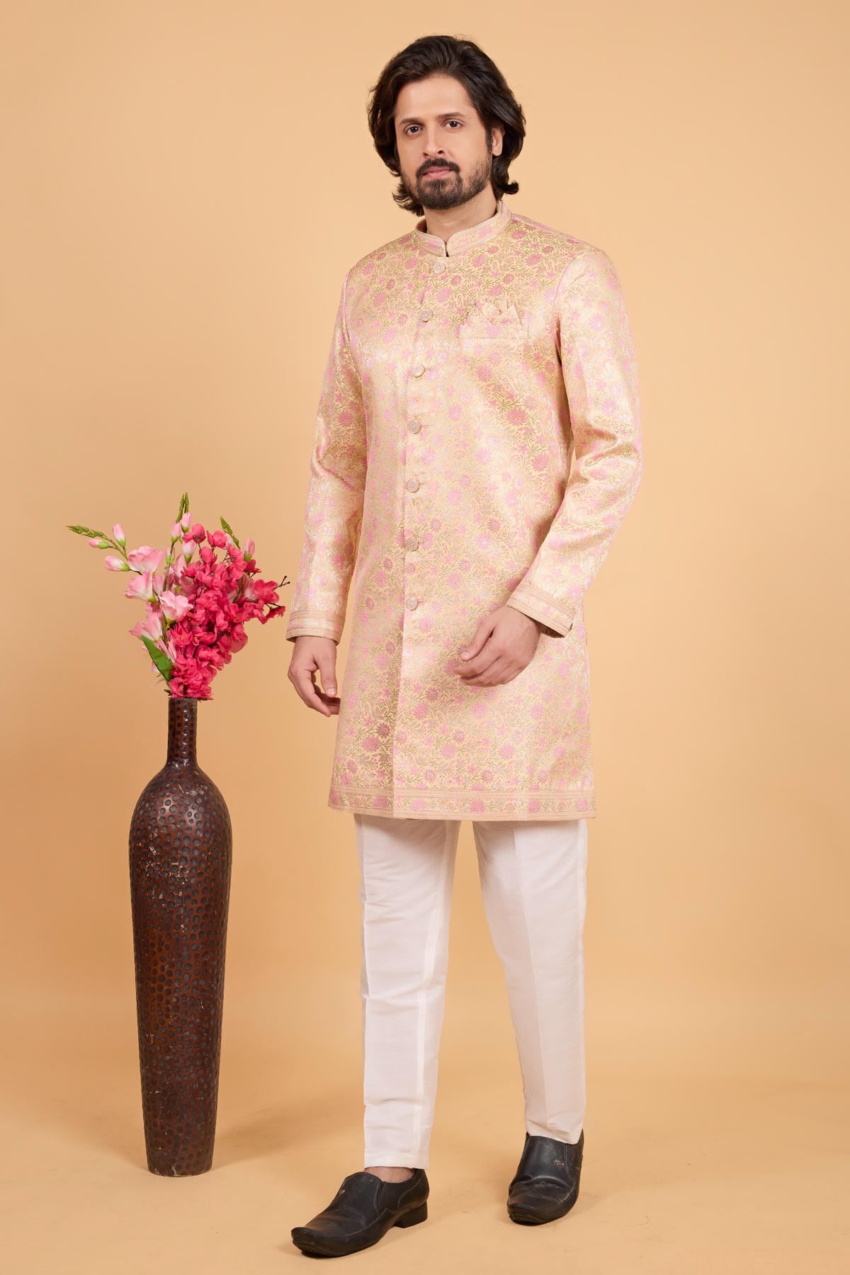 Lemon Colour Art Silk Pintux Work Semi Indo Western Sherwani