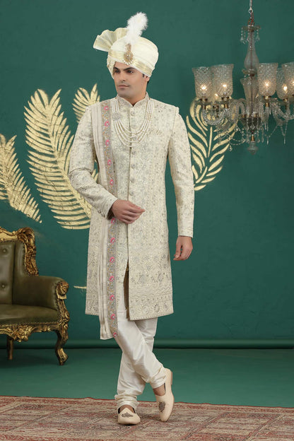 Lemon Cream Colour Art Silk Embroidery Sherwani