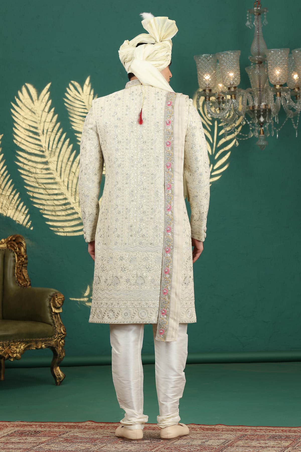 Lemon Cream Colour Art Silk Embroidery Sherwani