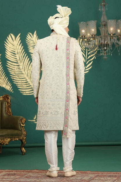 Lemon Cream Colour Art Silk Embroidery Sherwani
