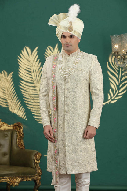 Lemon Cream Colour Art Silk Embroidery Sherwani