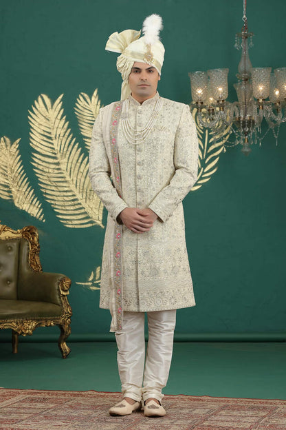 Lemon Cream Colour Art Silk Embroidery Sherwani