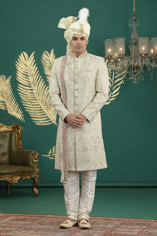 Lemon Cream Colour Art Silk Embroidery Sherwani