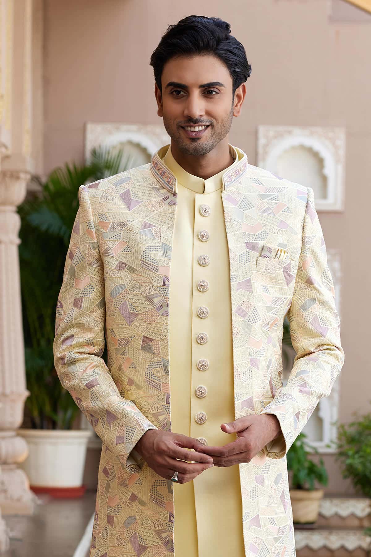 Lemon Yellow Colour Art Silk Embroidery Work 3 Pcs Indo Western