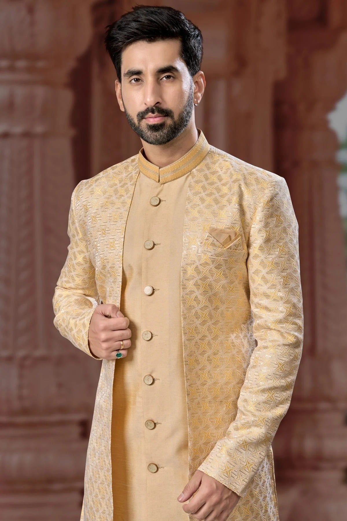 Lemon Yellow Colour Jacquard and Silk Dhupion Sherwani SH1040571 A