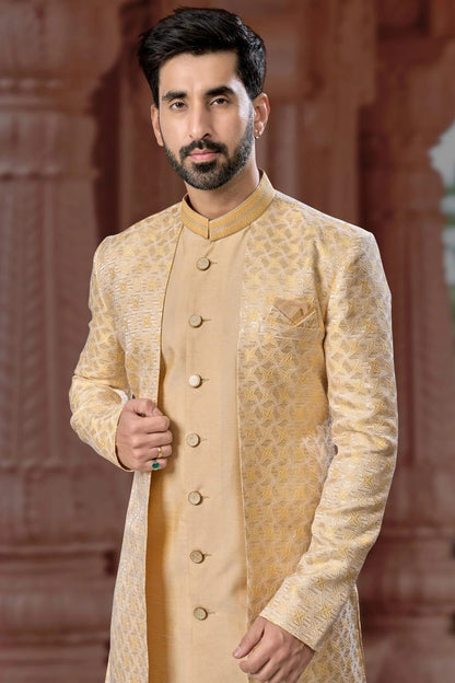 Lemon Yellow Colour Jacquard and Silk Dhupion Sherwani SH1040571 A