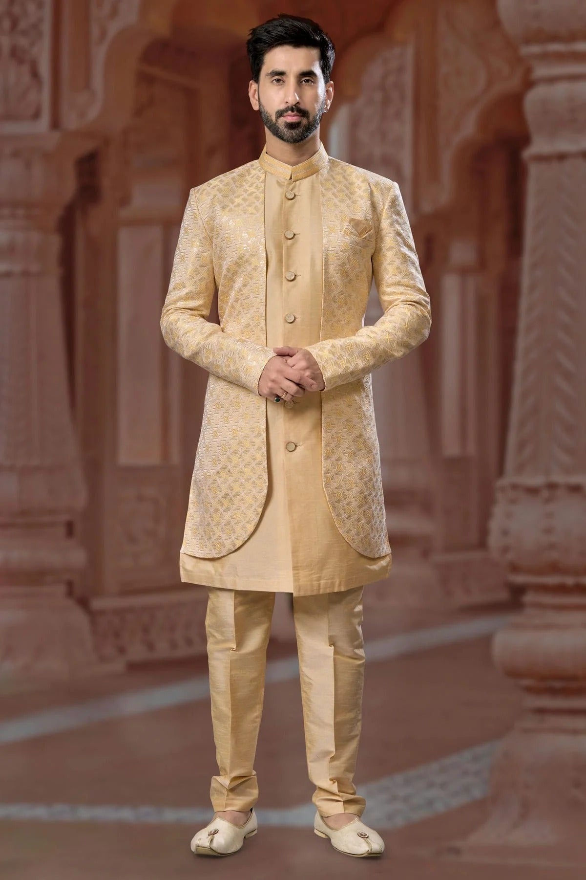 Lemon Yellow Colour Jacquard and Silk Dhupion Sherwani SH1040571