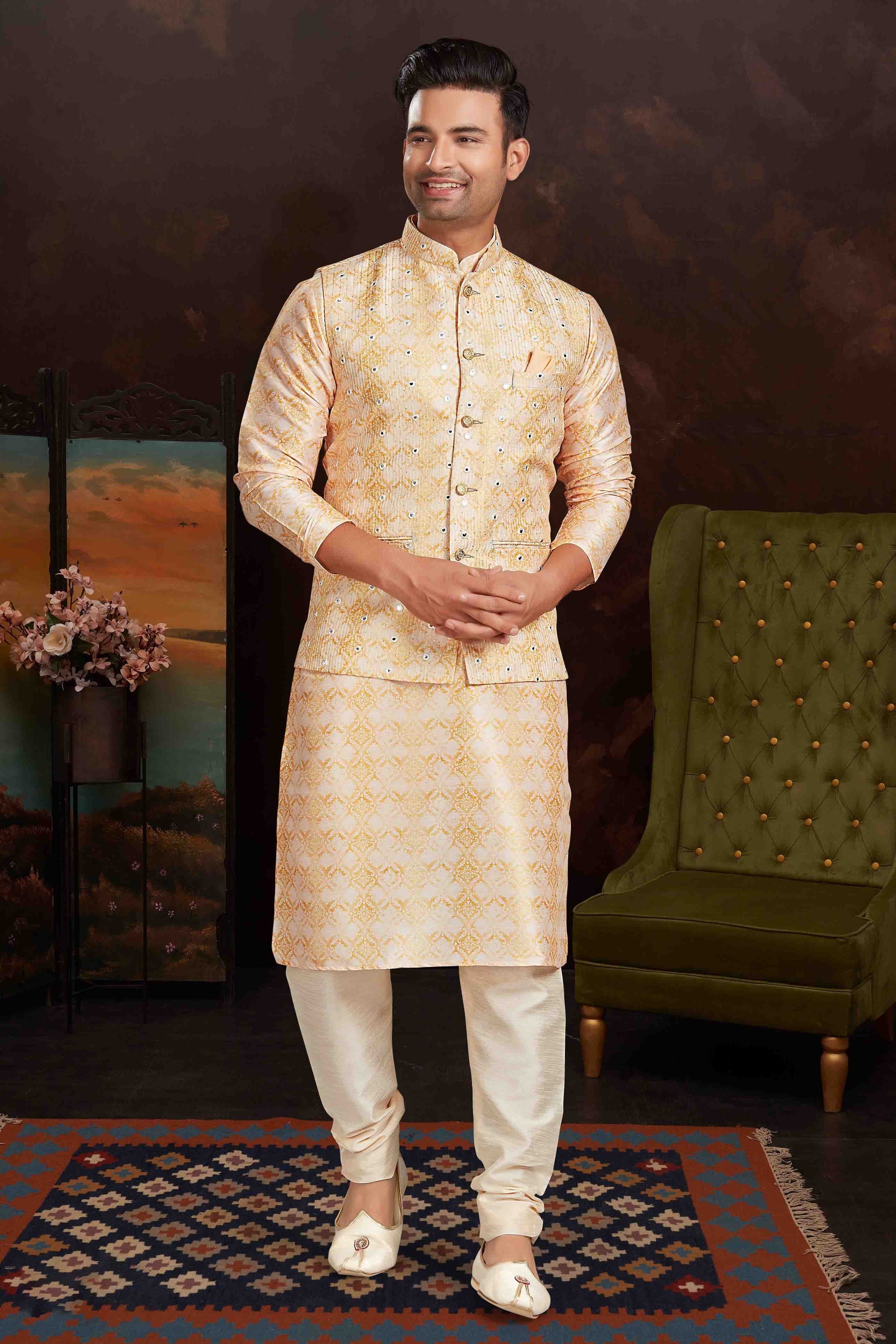 LighT Yellow Colour Kurta Pajama With Jacket In Malai Silk KP1210435 A