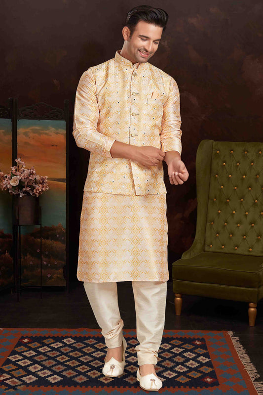 LighT Yellow Colour Kurta Pajama With Jacket In Malai Silk KP1210435