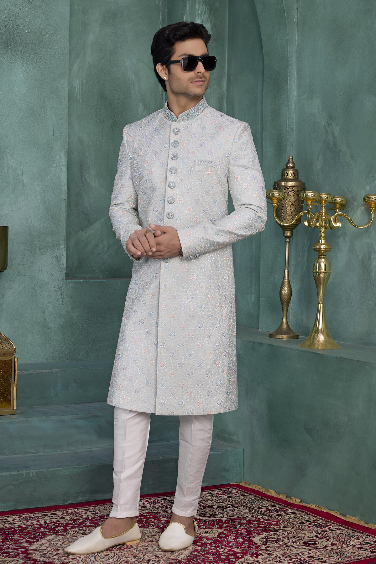 Light Blue Colour Art Silk Embroidery Work Sherwani