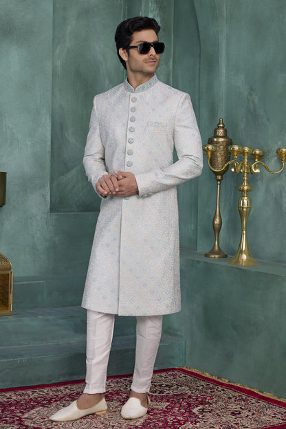 Light Blue Colour Art Silk Embroidery Work Sherwani