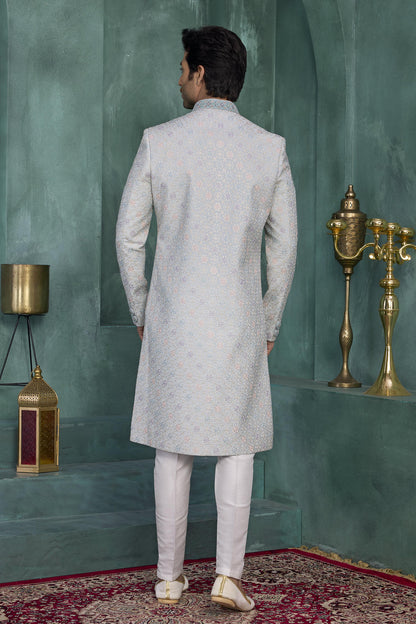 Light Blue Colour Art Silk Embroidery Work Sherwani