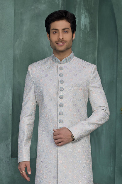 Light Blue Colour Art Silk Embroidery Work Sherwani