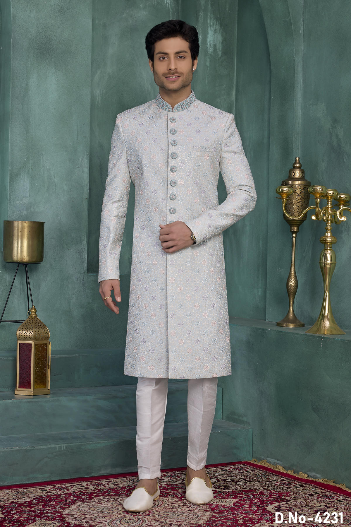Light Blue Colour Art Silk Embroidery Work Sherwani