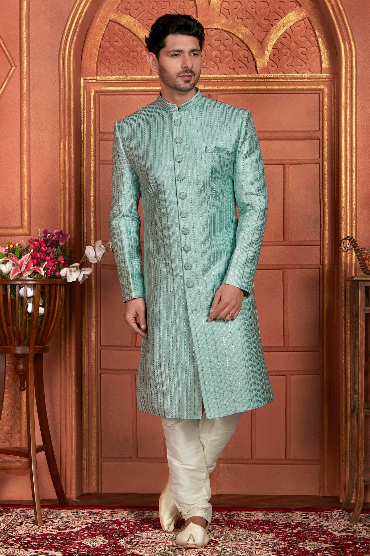Light Blue Colour Art Silk Sherwani With Churidar Pant SH1230050 A