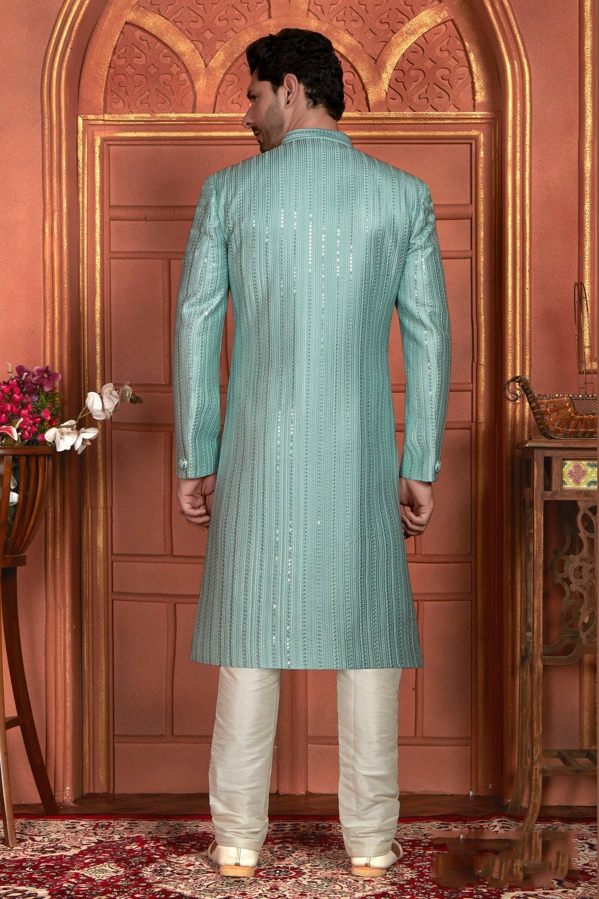 Light Blue Colour Art Silk Sherwani With Churidar Pant SH1230050 B
