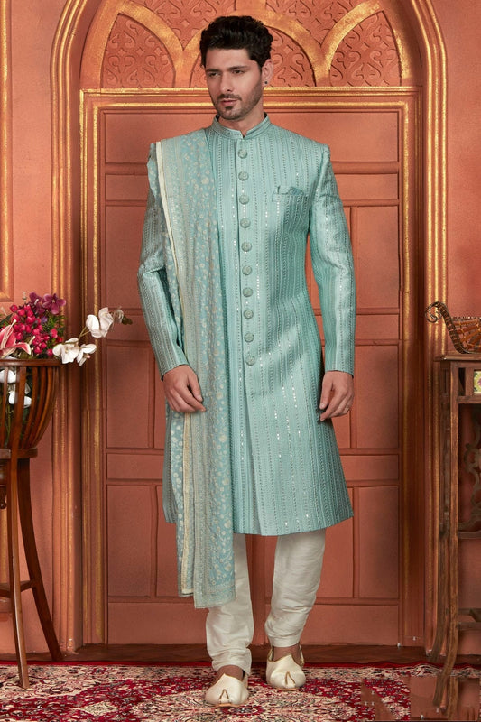 Light Blue Colour Art Silk Sherwani With Churidar Pant SH1230050