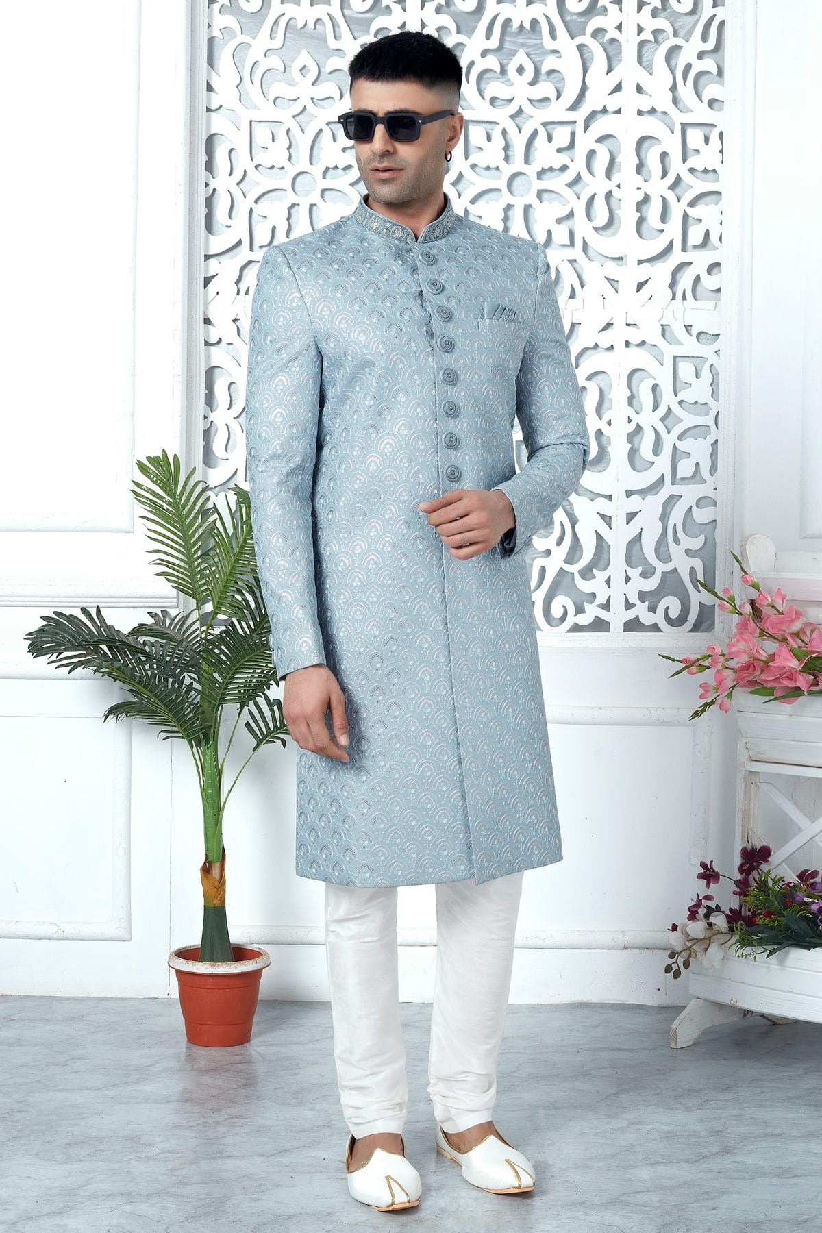 Light Blue Colour Art Silk Sherwani With Churidar Pant SH1230060 A