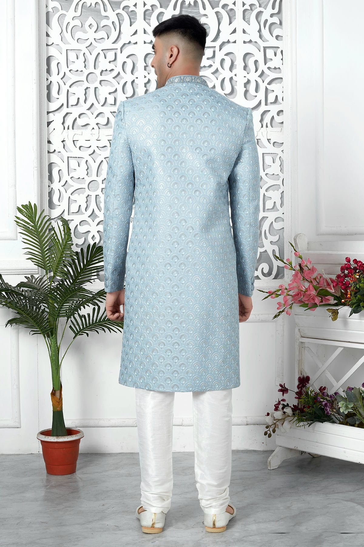 Light Blue Colour Art Silk Sherwani With Churidar Pant SH1230060 B